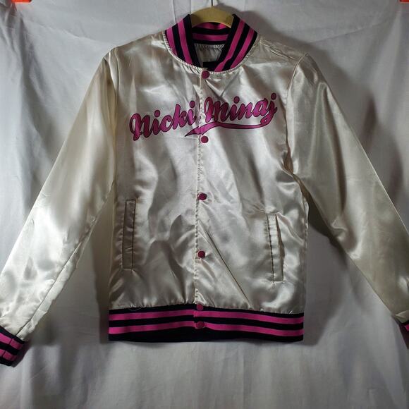 Nicki Minaj Satin Bomber Jacket Women’s Small Pink White Varsity Coat Rare HTF - Picture 1 of 16